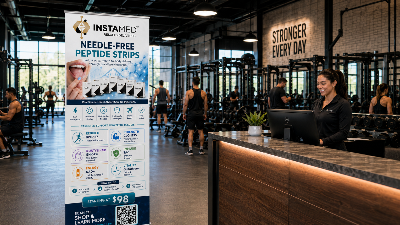 PlyaMed roll-up banner displayed in a gym