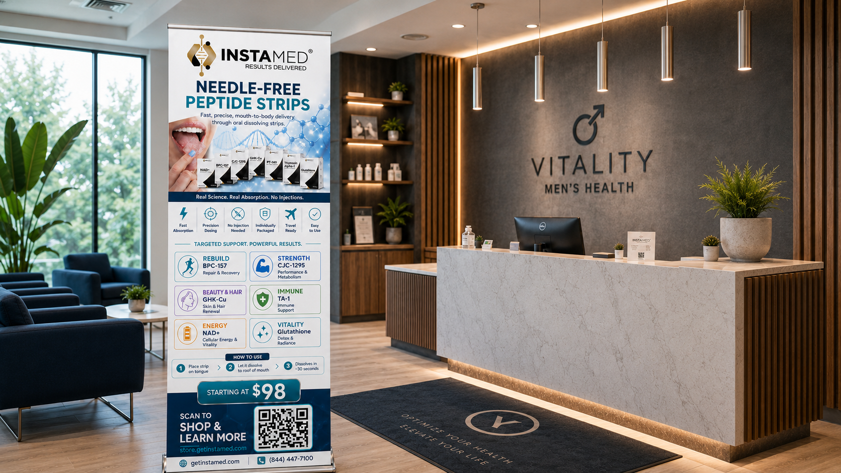 PlyaMed roll-up banner displayed in a clinic